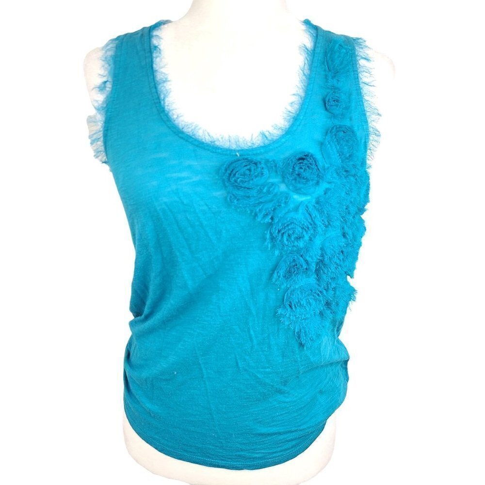 Lauren Conrad Turquoise Floral Fuzzy Racerback Tank Top Pima Cotton